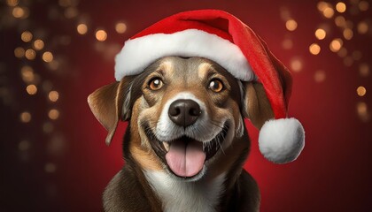 portrait smile dog wearing santa claus hat on red background