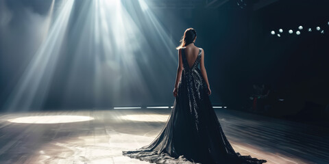 A solitary model in a luxurious black dress stands on a dimly lit runway with dramatic spotlights. - obrazy, fototapety, plakaty