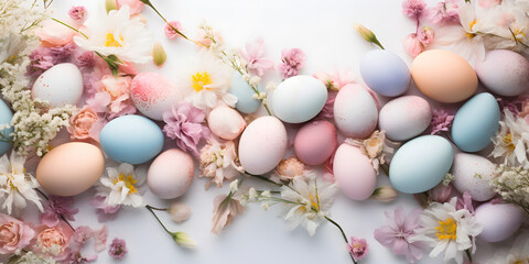 easter eggs and flowers Colorful easter eggs and spring flowers background. Top view. - obrazy, fototapety, plakaty
