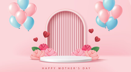 Mother's day banner for product demonstration. White pedestal or podium with flowers and balloons on pink background.