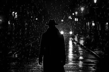 silhouette of dangerous male murderer rapist in hat and coat at night on street in dark in rain