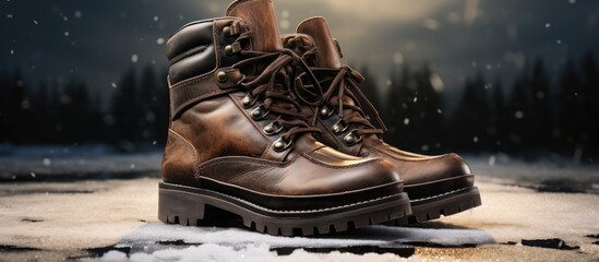 A pair of brown boots resting on top of a snow-covered ground, showcasing the winter season and outdoor activities. - Powered by Adobe