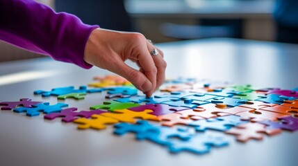 Fototapeta premium Solving a Colorful Jigsaw Puzzle. Generative ai