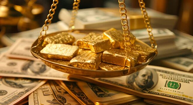 A balance scale with gold bars and currency notes, depicting financial balance