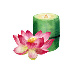Watercolor illustration of a burning green candle and lotus flower isolated on a white background.