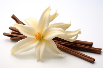 Vanilla flower and dry vanilla pods isolated on white. Ai Generative