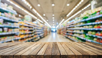 empty top wooden table with supermarket blur background