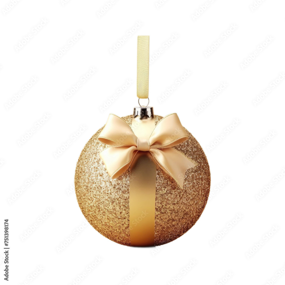 Canvas Prints a gold ornament with a bow is hanging from a string