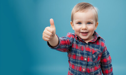 A smiling baby boy is giving a thumbs up gesture. Concept of happiness and positivity, as the baby is expressing approval or satisfaction. The blue background adds a calming