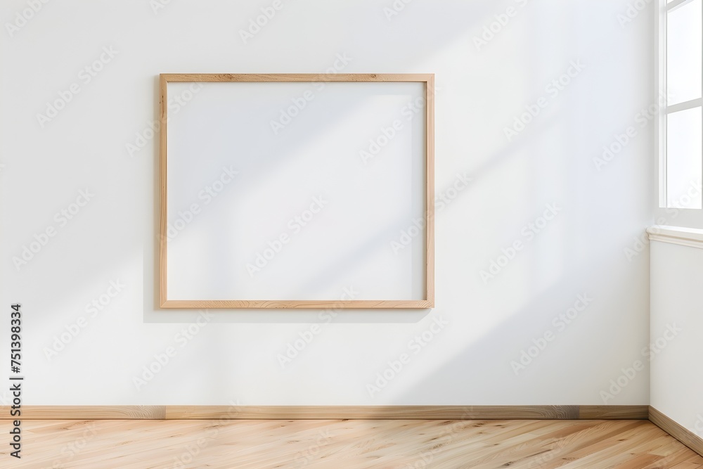 Wall mural blank wooden frame on a white wall 3d mockup