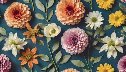seamless floral background with various flower types vintage botany books style on dark blue background generative - obrazy, fototapety, plakaty