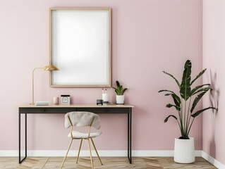 Pink Home Office Minimalist Setting with White Desk, To provide a visually appealing and minimalist home office setting that is both modern and chic,