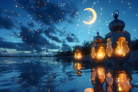 Ramadan Lanterns and Moon Reflections on Water at Sunset, High-quality stock photo for websites, blogs, articles, and publications featuring Ramadan,