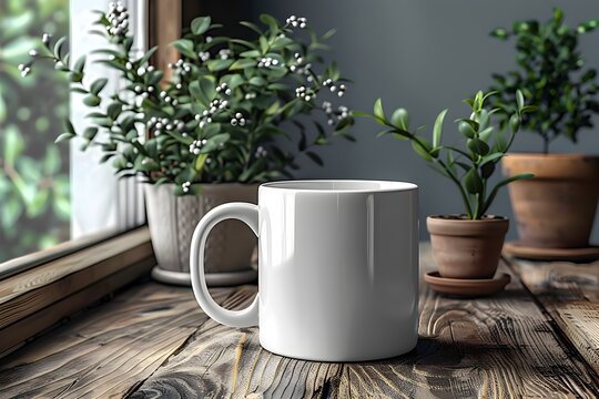 White Coffee Mug on a Window Sill, To provide a versatile and eye-catching image for use in a variety of contexts, from product promotion to social