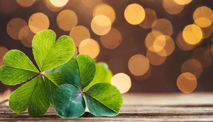 Foto op Canvas new year background banner with copy space lucky clover leaves with magical bokeh lights against beautiful brown background clover shamrock good luck © Tomas