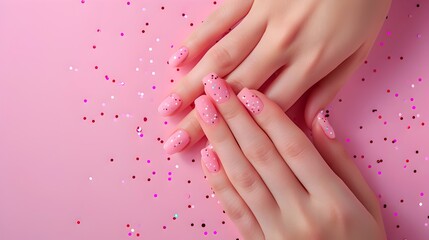 Obraz na płótnie Canvas Pink Nails with Confetti Polka Dots and Sparkle