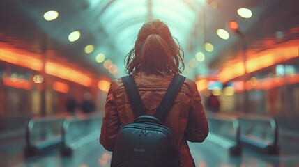 Stylish Woman Travels with Backpack in Modern Airport, To showcase a confident and independent woman traveling for business or pleasure with a - obrazy, fototapety, plakaty