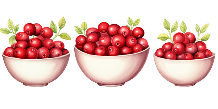 watercolor art of cherry in white bowl isolated on a white background as transparent PNG