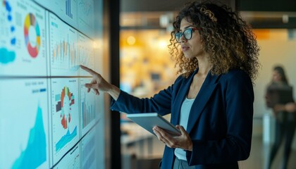 Hispanic female analyst presenting financial data on digital screen