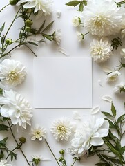 White Flowers on White Background with Paper, To provide a high-quality and versatile stock photo of white flowers and leaves on a white background,