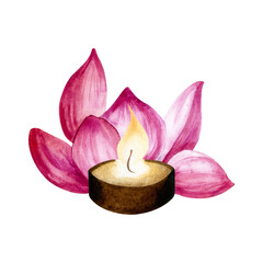 Watercolor illustration of a burning brown candle isolated on a white background.