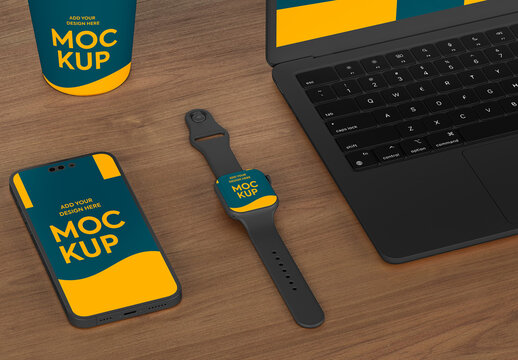 Laptop, Cellphone and Watch on Wooden Table Mockup