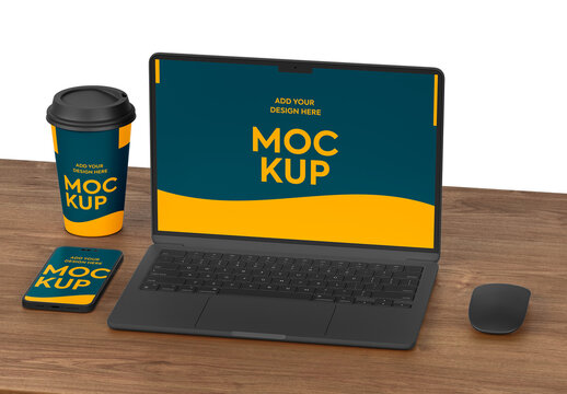 Laptop, Cellphone and Watch on Wooden Table Mockup