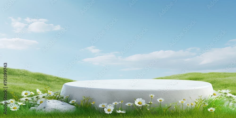 Canvas Prints White stone podium on green meadow with grass and flowers ready for product placement, freshness and natural product concepts