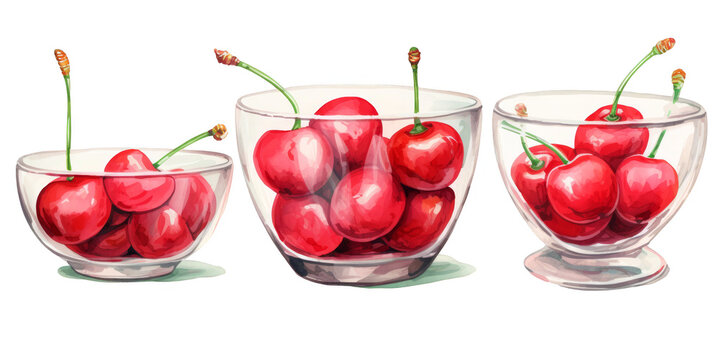 watercolor art of cherry in glass bowl isolated on a white background as transparent PNG