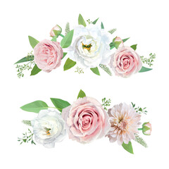 Delicate spring flowers bouquet. Floral wreath vector watercolor illustration. Blush pink rose, white lisanthus, dahlia, delicate greenery leaves, eucalyptus branches, seeds. Editable chic element set