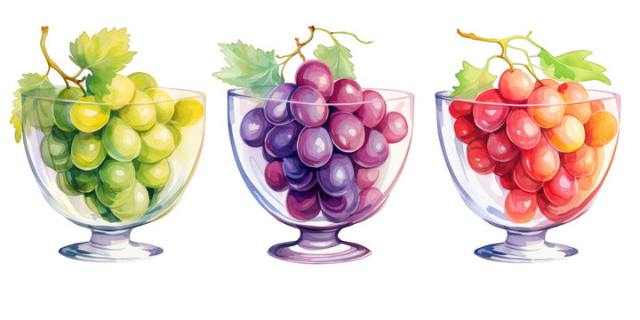 watercolor art of grape in glass bowl isolated on a white background as transparent PNG