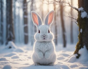 Illustration of a small white rabbit is sitting in the snow