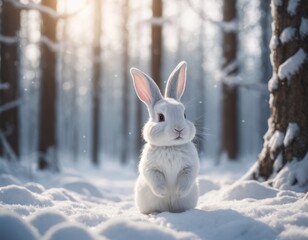 Illustration of a small white rabbit is sitting in the snow