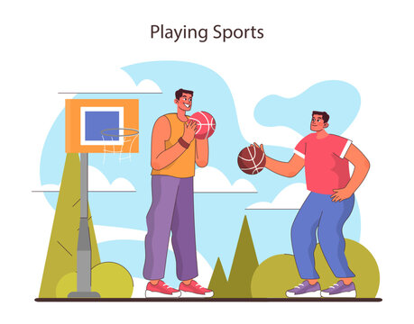 Playing Sports concept. Pals sharing a friendly game of basketball outdoors.