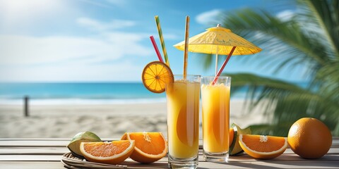 On a sunny beach day, two glasses of refreshing citrus juice with an umbrella and a straw,...