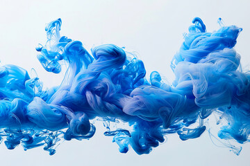 Bright blue ink swirling underwater on white background. Generative AI. 