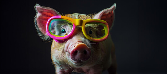 Fototapeta premium A pig wearing green goggles and a pink bathing suit. The pig is looking at the camera. The image has a playful and lighthearted mood. portrait of mini pig, wearing neon goggles