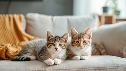 Two cute kittens lie on a comfortable sofa in a modern bright living room. - obrazy, fototapety, plakaty