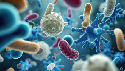 Detailed 3D illustration of various bacteria and viruses in a dynamic microscopic environment.