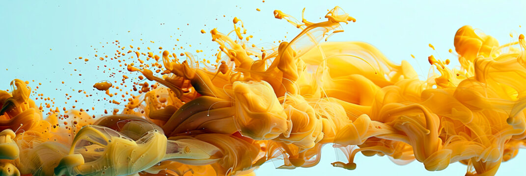 Bright yellow ink swirling and flowing underwater on white background. Wide format image. Generative AI. 