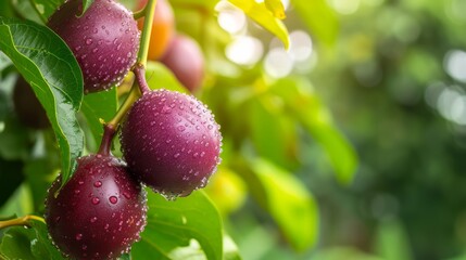 Harvest of ripe passion fruit on a branch in the garden, agribusiness business concept, organic healthy food and non-GMO fruits with copy space
