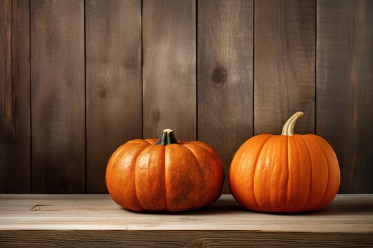 Pumpkin on a wooden table against the background of brown wooden walls.
