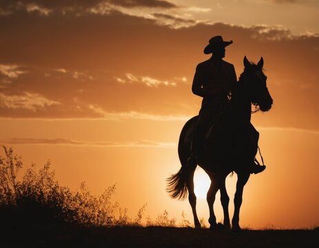 A man in a cowboy hat rides a horse through a field at sunset.
