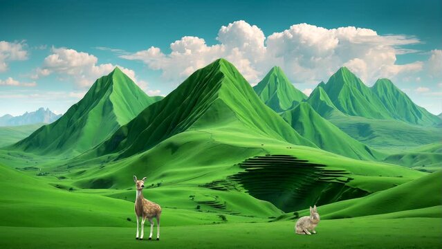 Natural scenery in a green forest with deer and rabbits Seamless looping 4k time-lapse animation video background