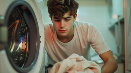 The young man is putting his clothes in the washing machine. do it yourself concept DIY activity, young boy doing laundry 