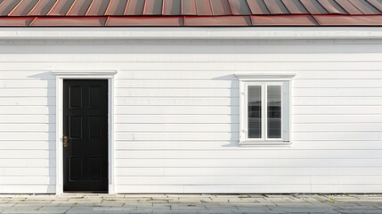 a black single front door against a backdrop of a white house, topped by a roof in striking red, grey, or black, embodying the timeless elegance and simplicity of Nordic design.