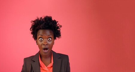 Obraz premium A woman in a black suit with her mouth open. The woman is looking at the camera. Strong emotions of a dark-skinned woman in a suit. Astonishment. Banner in a Pink background. Copy space