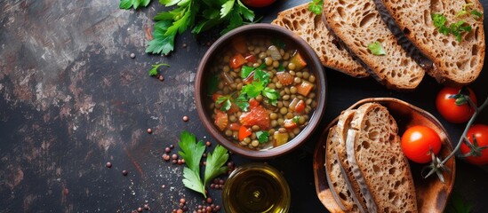A colorful meal consisting of lentil soup, salted tomatoes, and dark bread loaves is displayed on a table. The assortment of food items is viewed from the top on a dark surface. - obrazy, fototapety, plakaty