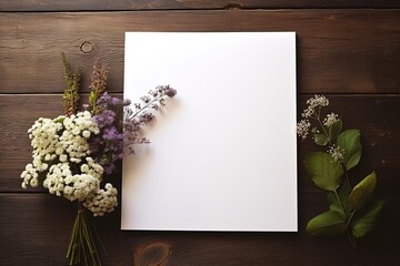 a white paper and flowers on a wood surface