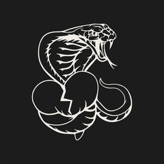 A black and white illustration of a cobra snake coiling around a broken heart